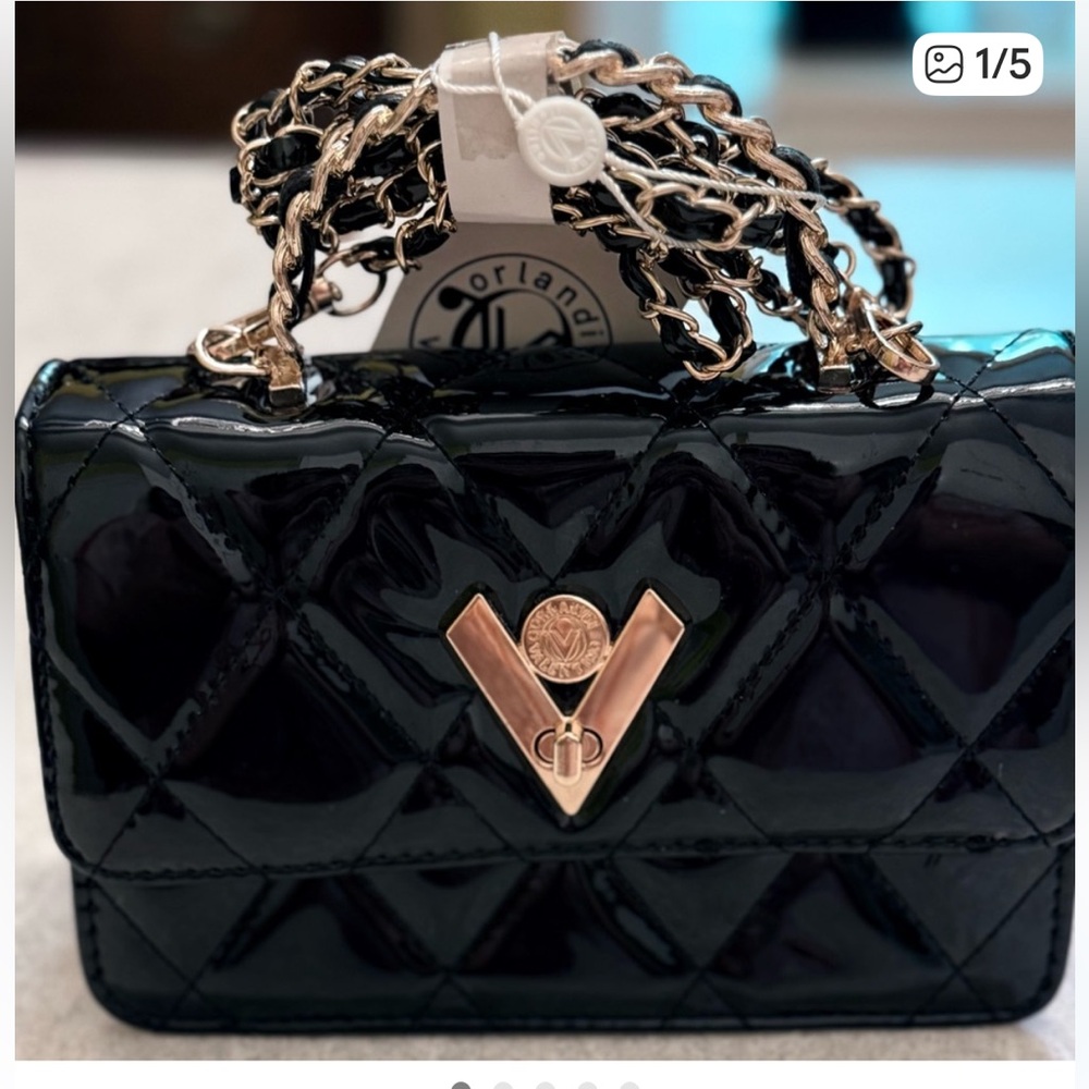Valentino Orlandi Black Patent Mini Bag with Gold Chain